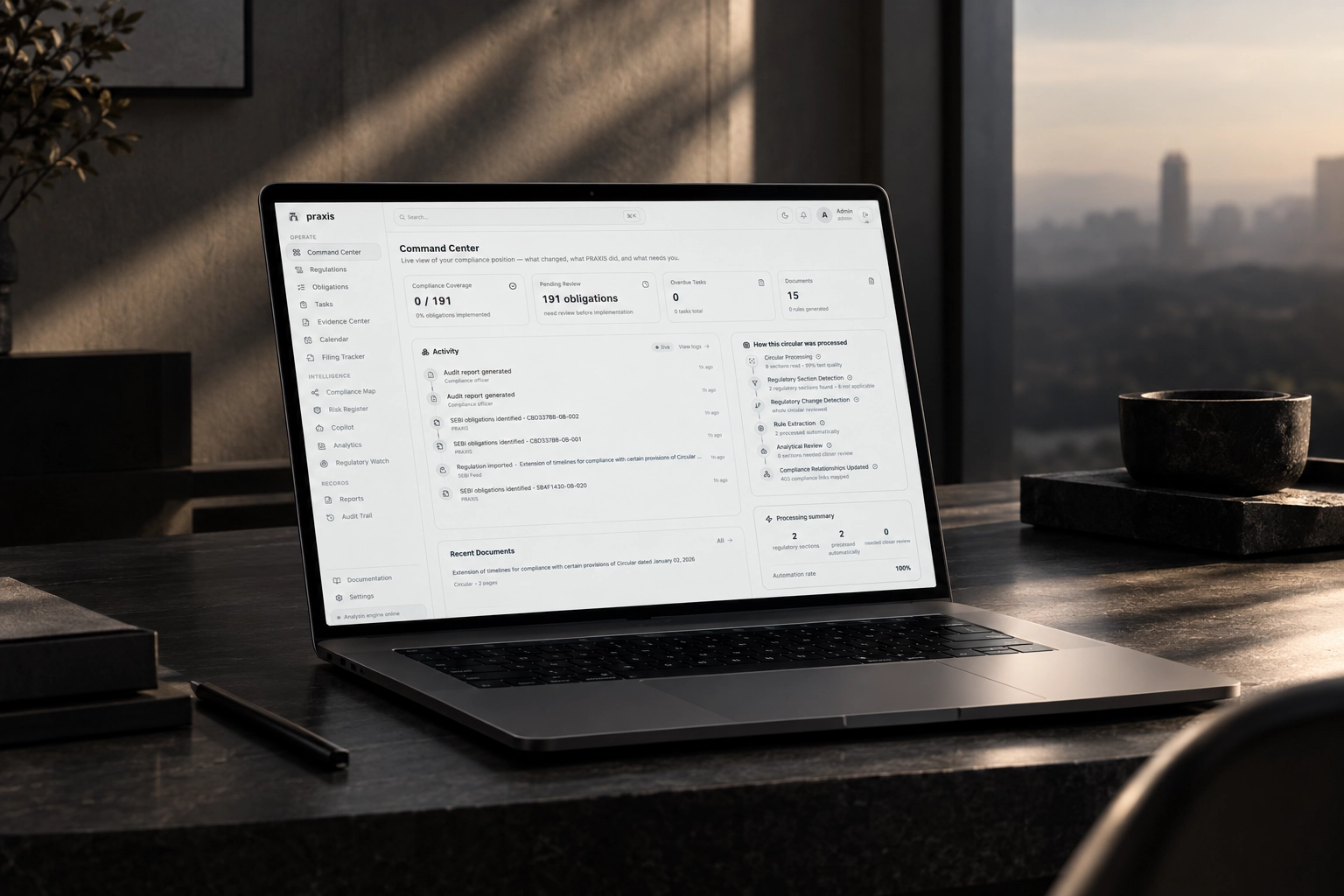 Praxis, Turning long-form securities regulation into traceable obligations, machine-ready rules, assigned work, and audit evidence.